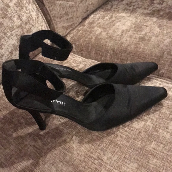 Black Satin Feetfirst Heels - Picture 1 of 5